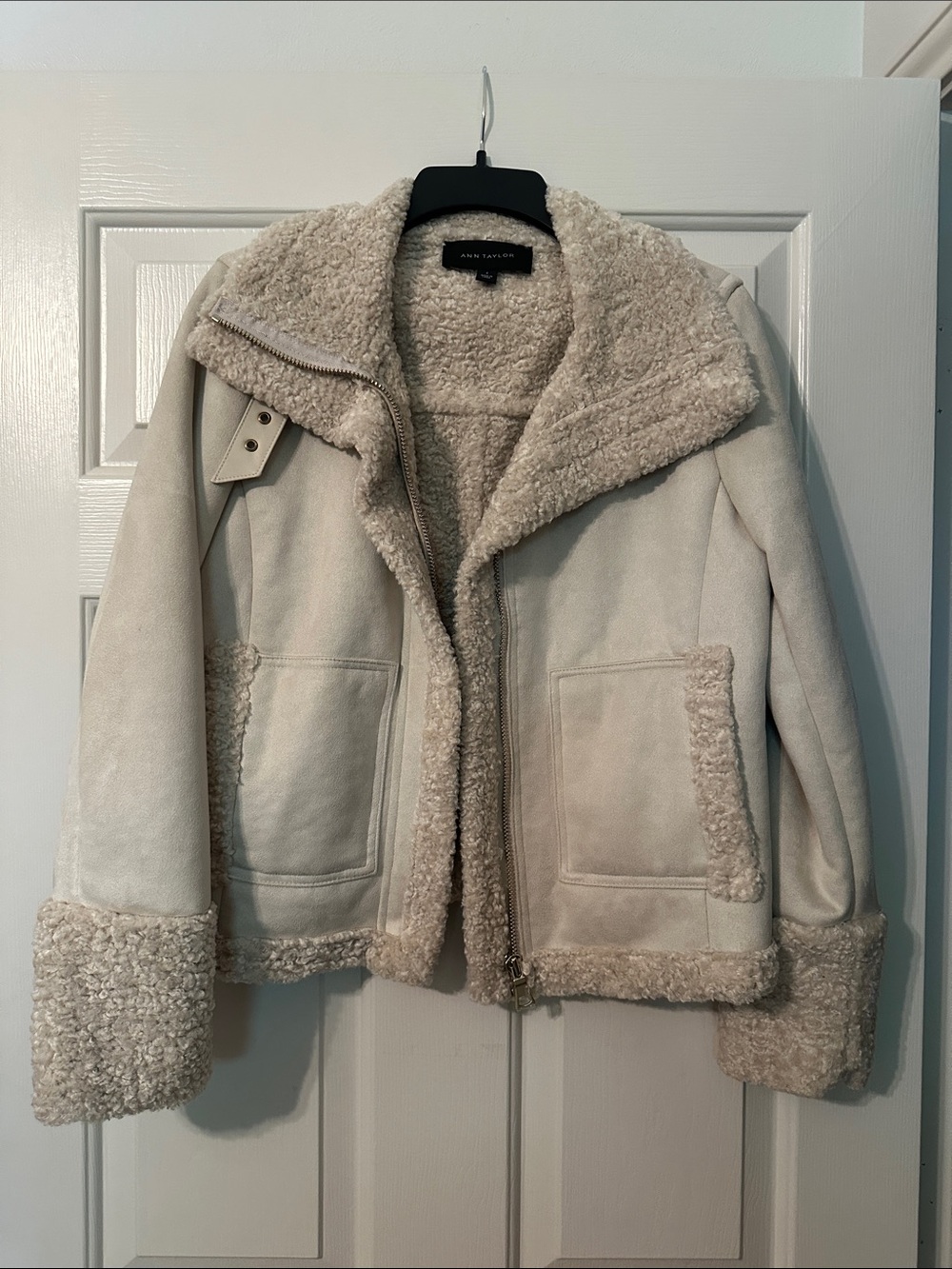 Ann Taylor Cream Shearling-Trim Suede Jacket